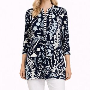 J. McLaughlin Blue Coral-Reef Print Tunic Top, Size XS